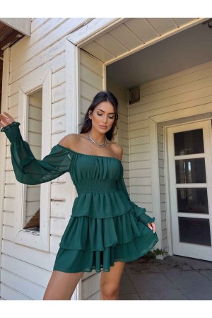 173136 TOPTAN ZÜMRÜT YEŞİL ELBİSE