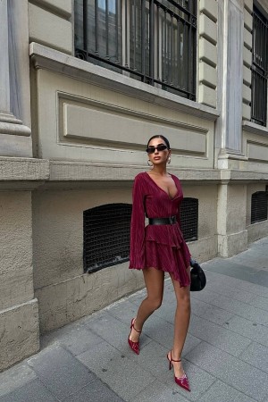 184025 TOPTAN BORDO ELBİSE