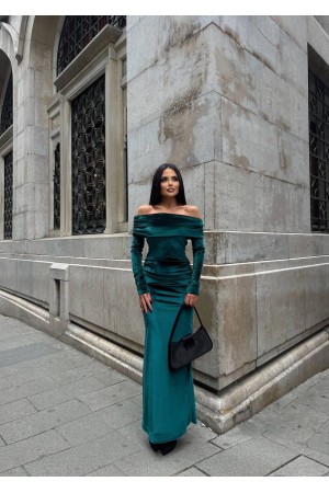 220049 TOPTAN ZÜMRÜT YEŞİL ELBİSE