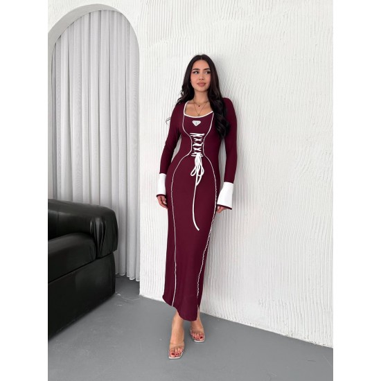 225029 TOPTAN BORDO ELBİSE