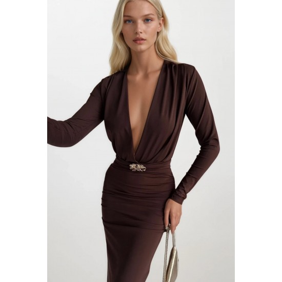 F45366945251511 KAHVERENGİ ELBİSE