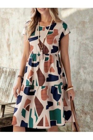 K51003-COK RENKLI BEJ ELBİSE