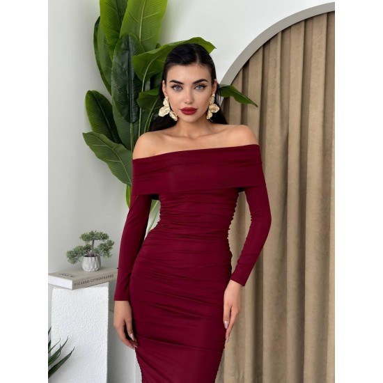 M00102-BORDO Bordo ELBİSE