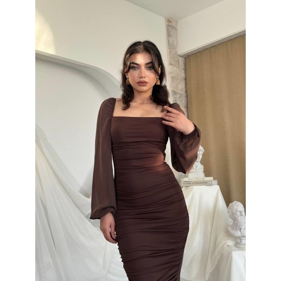 M00153-KAHVE KAHVE ELBİSE