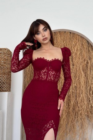 M00277-BORDO Bordo ELBİSE