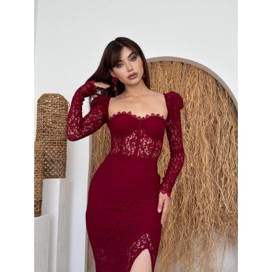 M00277-BORDO Bordo ELBİSE