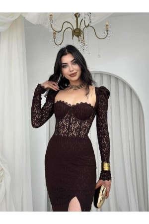 M00277-KAHVE KAHVE ELBİSE