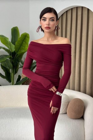 M00446-BORDO Bordo ELBİSE