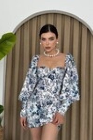 M00462-MAVİ BEYAZ MAVİ BEYAZ ELBİSE