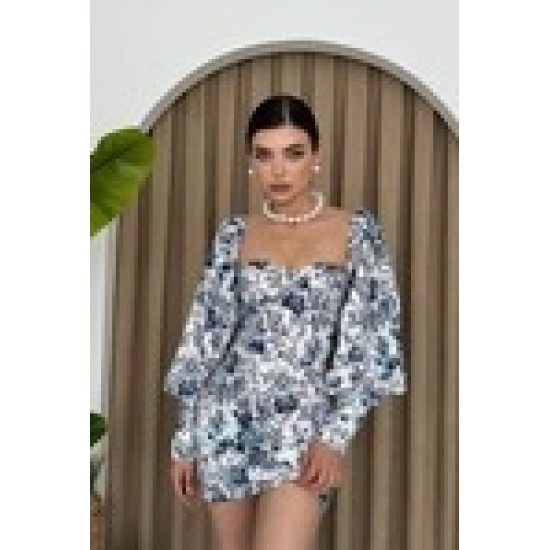 M00462-MAVİ BEYAZ MAVİ BEYAZ ELBİSE