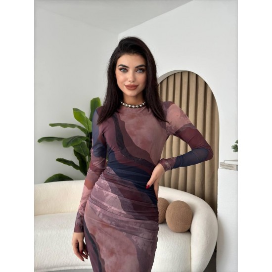 M00489-KİREMIT KİREMIT ELBİSE