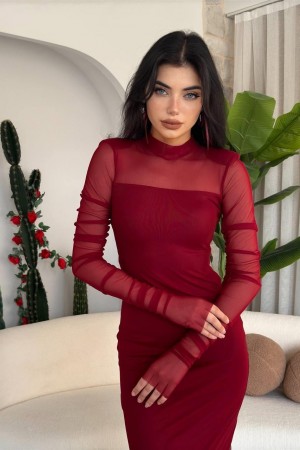 M00554-BORDO Bordo ELBİSE
