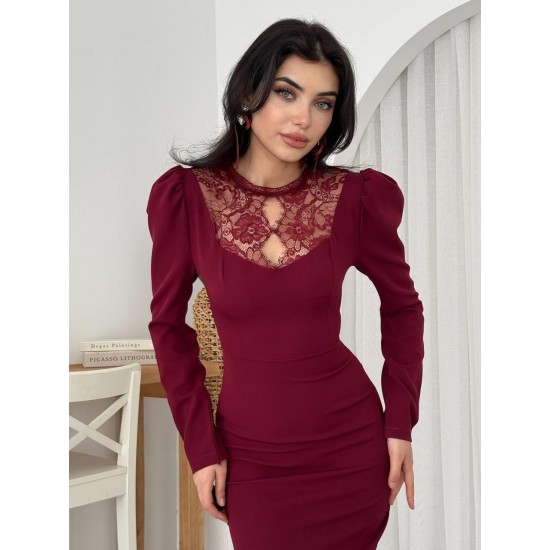 M00570-BORDO Bordo ELBİSE