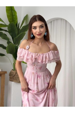 M00600-PEMBE ÇİÇEKLİ PEMBE ÇİÇEKLİ ELBİSE
