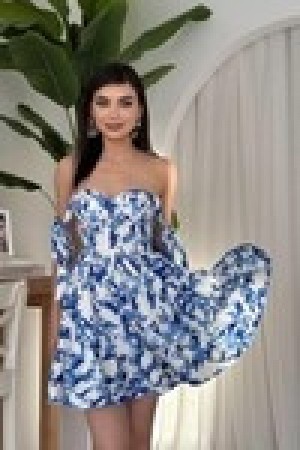 M00610-ÇİÇEK DESEN MAVİ ÇİÇEK DESEN MAVİ ELBİSE
