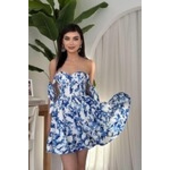M00610-ÇİÇEK DESEN MAVİ ÇİÇEK DESEN MAVİ ELBİSE