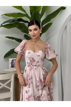 M00614-ÇİÇEK DESEN PEMBE ÇİÇEK DESEN PEMBE ELBİSE