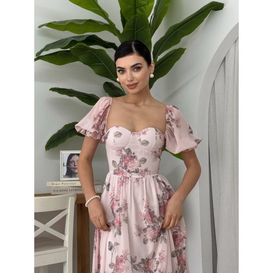 M00614-ÇİÇEK DESEN PEMBE ÇİÇEK DESEN PEMBE ELBİSE