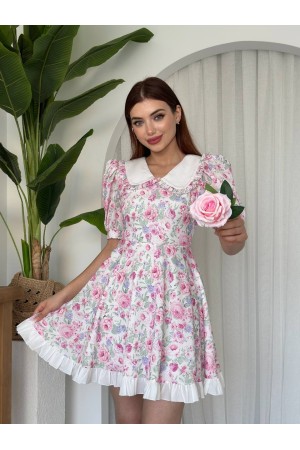 M00622-ÇİÇEK DESEN PEMBE ÇİÇEK DESEN PEMBE ELBİSE