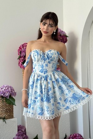 M00687-MAVİ BEYAZ MAVİ BEYAZ ELBİSE