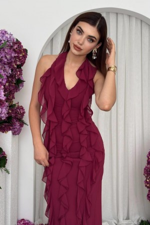 M00690-BORDO Bordo ELBİSE