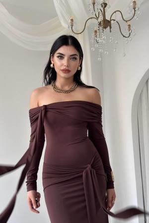 M00763-KAHVE KAHVE ELBİSE