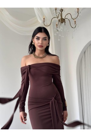 M00763-KAHVE KAHVE ELBİSE