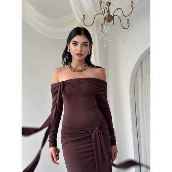 M00763-KAHVE KAHVE ELBİSE