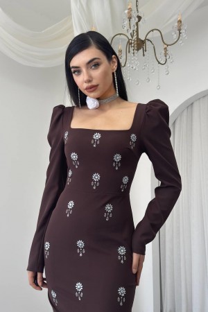 M00767-KAHVE KAHVE ELBİSE