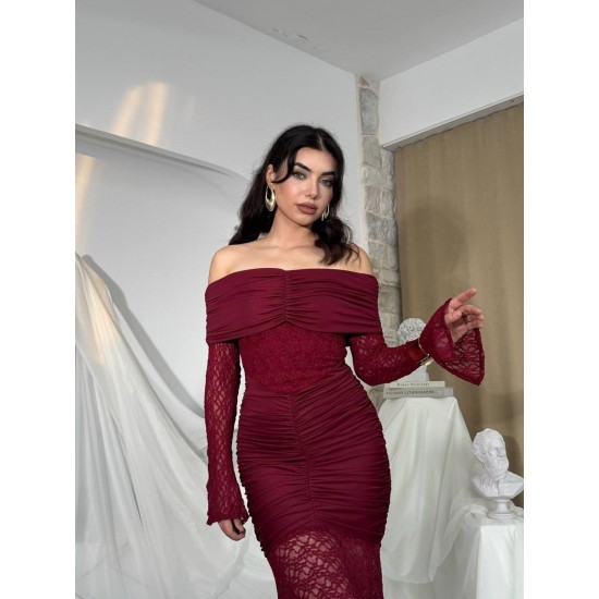 M00809-BORDO Bordo ELBİSE