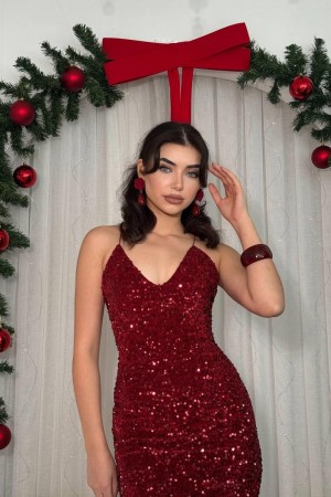 M00811-BORDO Bordo ELBİSE