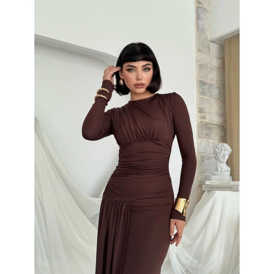 M00821-KAHVE KAHVE ELBİSE