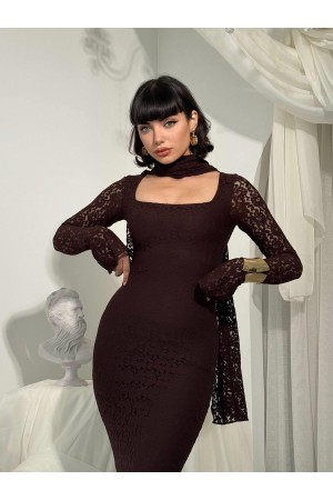 M00825-KAHVE KAHVE ELBİSE