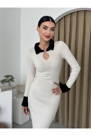 M10041-KREM Krem ELBİSE