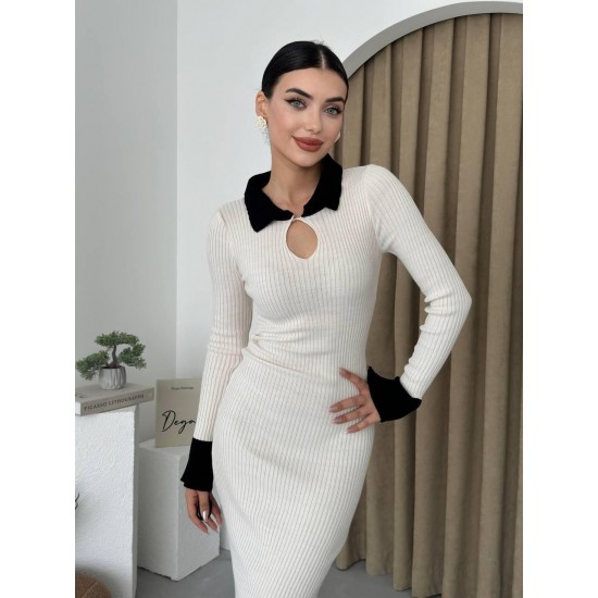 M10041-KREM Krem ELBİSE