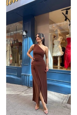 TEK OMUZ SANDY KUMAS ELBISE 189002