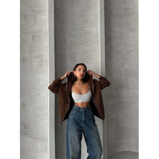 3 IPLIK SARDONLU OVERSIZE KALIP FERMUARLI SWEAT 191302