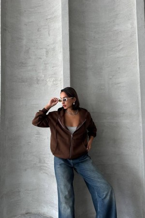 3 IPLIK SARDONLU OVERSIZE KALIP FERMUARLI SWEAT 191302