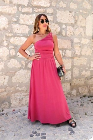 RUCHED ONE SHOULDER SANDY FABRIC DRESS 188999