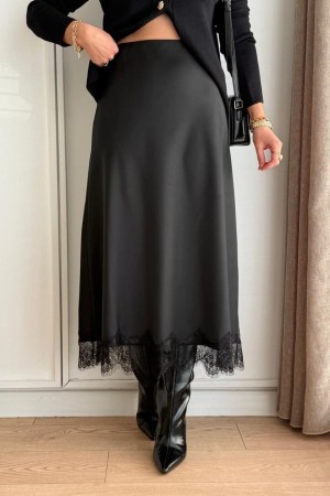 A-LINE ELASTIC WAIST LACE DETAIL SATIN SKIRT 190920