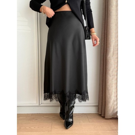 A-LINE ELASTIC WAIST LACE DETAIL SATIN SKIRT 190920