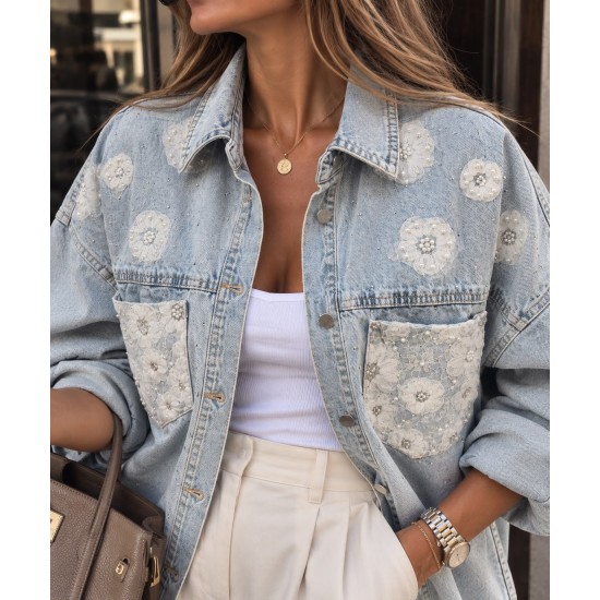 CICEK ISLEMELI OVERSIZE DENIM CEKET 191645
