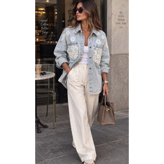 CICEK ISLEMELI OVERSIZE DENIM CEKET 191645