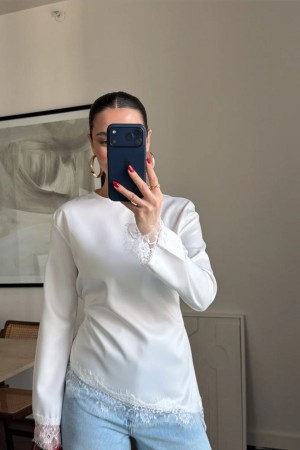 LACE DETAIL BACK TIE SATIN BLOUSE 190915