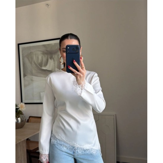 LACE DETAIL BACK TIE SATIN BLOUSE 190915