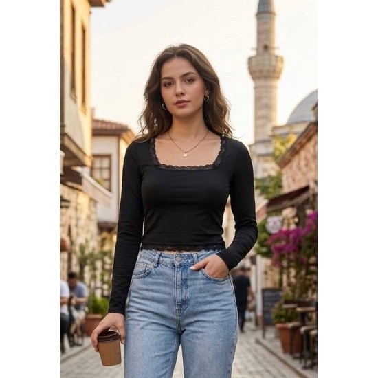 KARE YAKA DANTEL DETAY VISKON PENYE BLUZ 192286