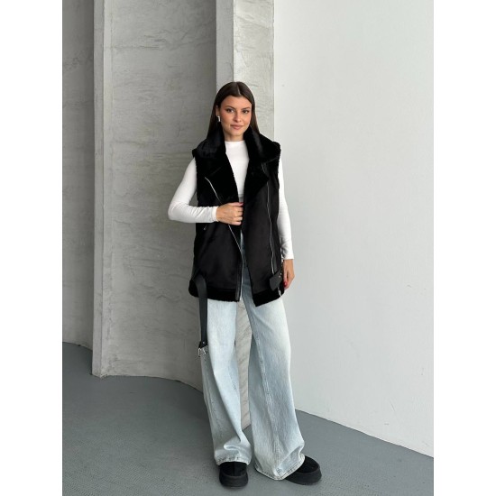LAMINELI KUMAS ICI TUYLU DERI DETAY KEMERLI OVERSIZE YELEK 191902