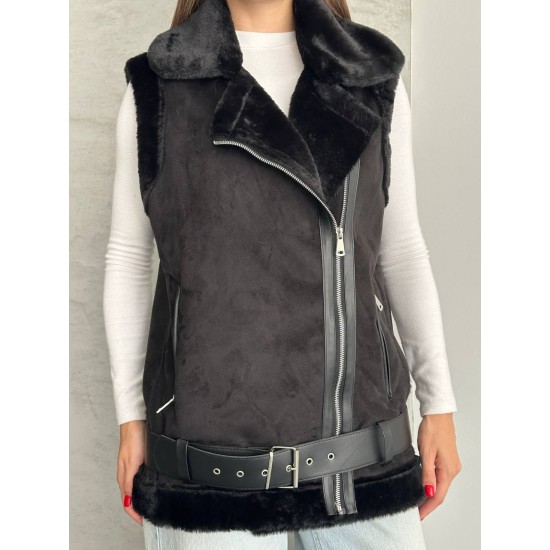 LAMINELI KUMAS ICI TUYLU DERI DETAY KEMERLI OVERSIZE YELEK 191902