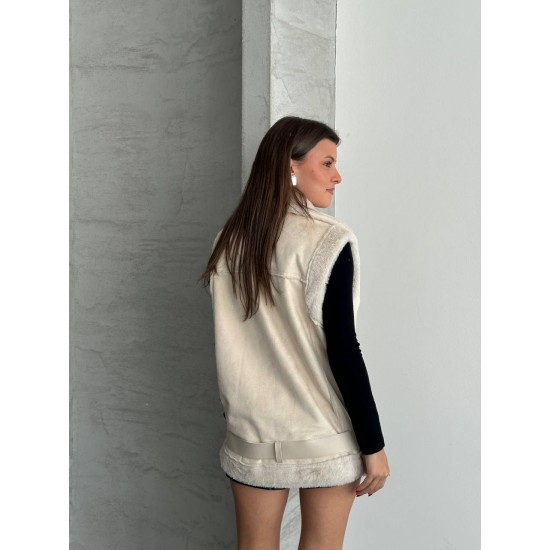LAMINELI KUMAS ICI TUYLU DERI DETAY KEMERLI OVERSIZE YELEK 191903