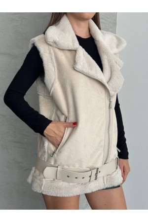 LAMINELI KUMAS ICI TUYLU DERI DETAY KEMERLI OVERSIZE YELEK 191903